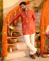 Chanderi Orange Embroidered Kurta